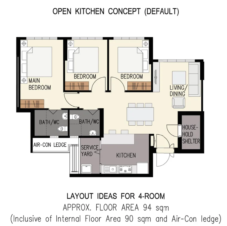 HDB floor plan of a 4-room flat at Hougang RiverCourt, about 94 sqm