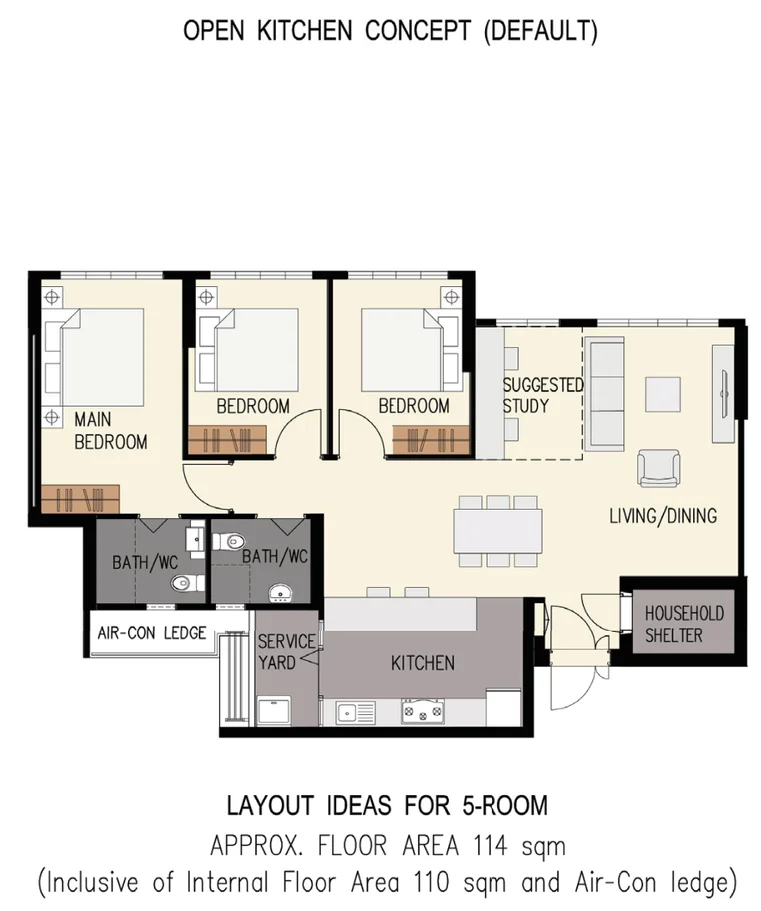 HDB floor plan of a 5-room flat at Hougang RiverCourt, about 114 sqm