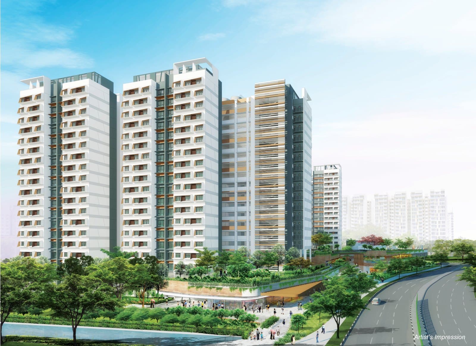 Artist’s impression of Hougang RiverCourt: two 19-storey HDB blocks behind a landscaped roof garden over the neighbourhood centre, beside Hougang Avenue 7 and the canal