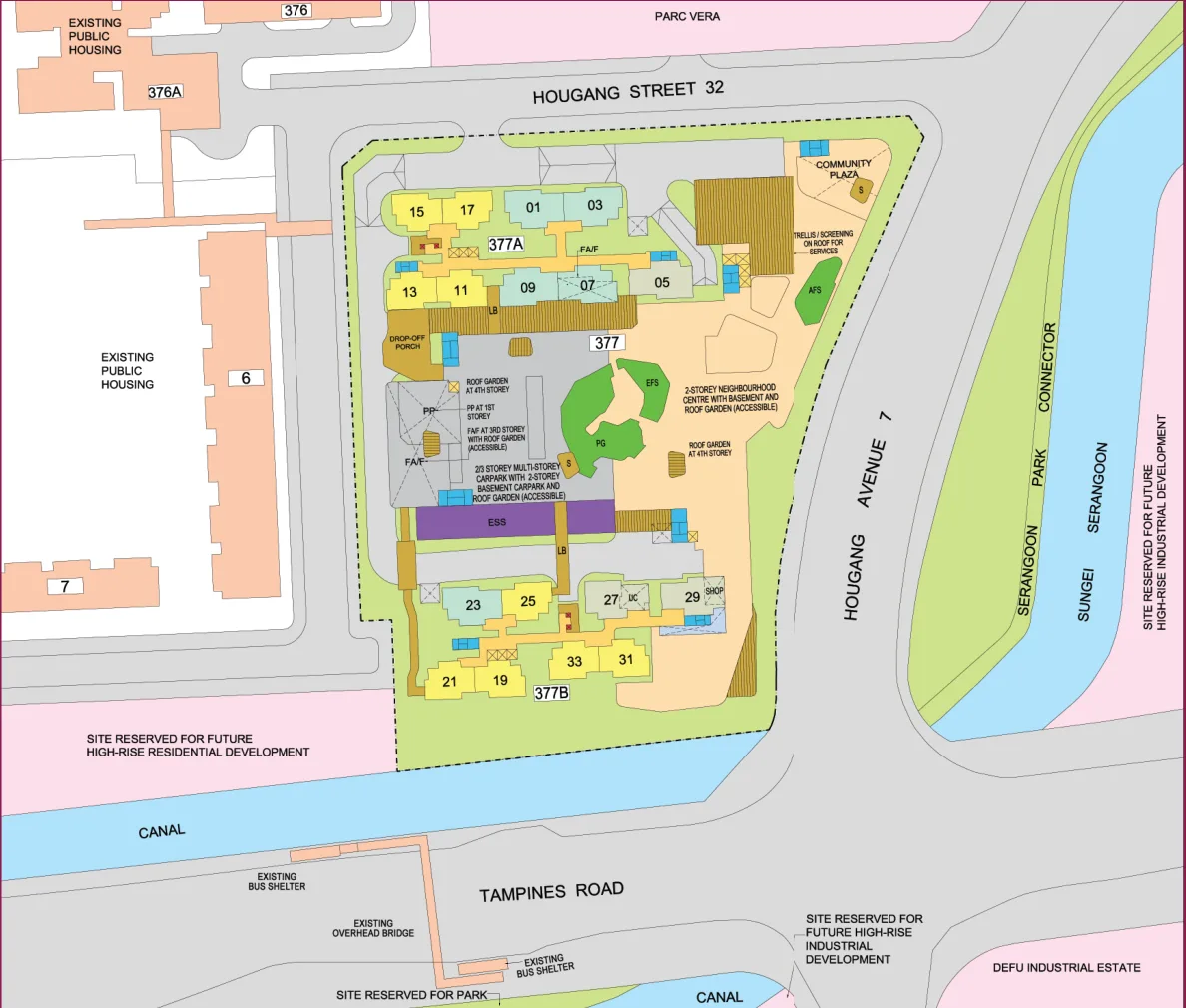 HDB site plan of Hougang RiverCourt, blocks 377A and 377B