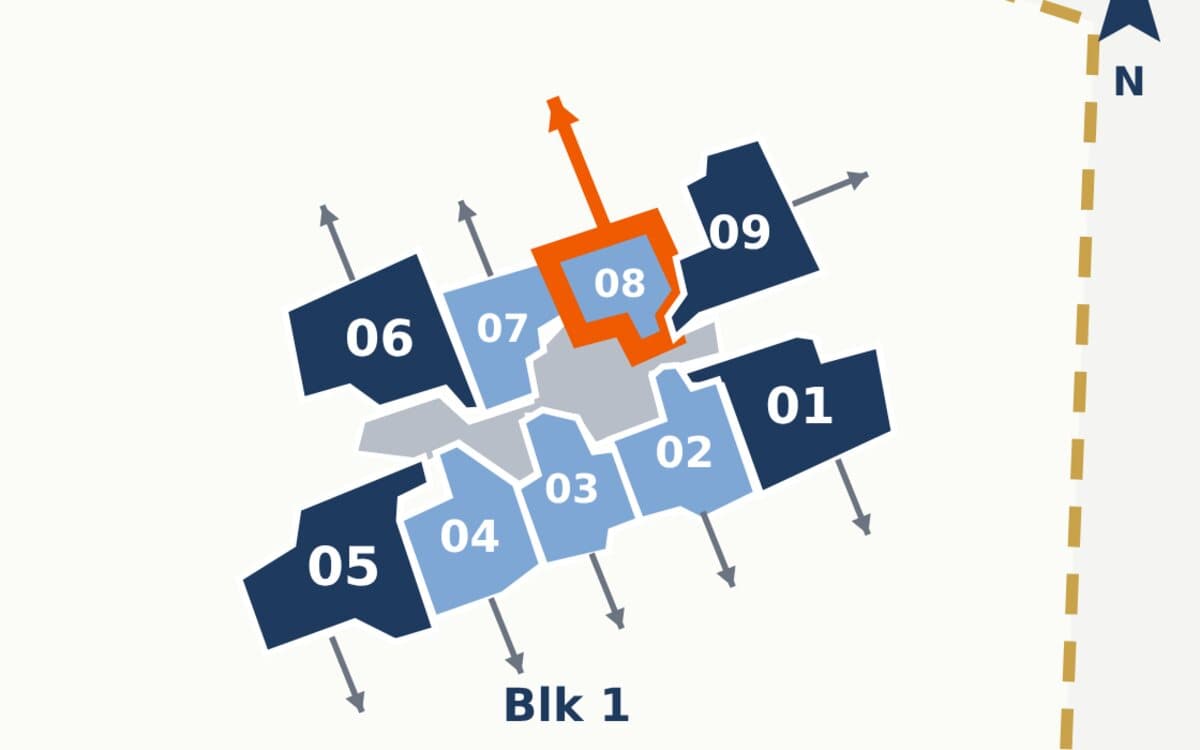 Site plan of one tower with each stack numbered and an arrow pointing out of its main facade