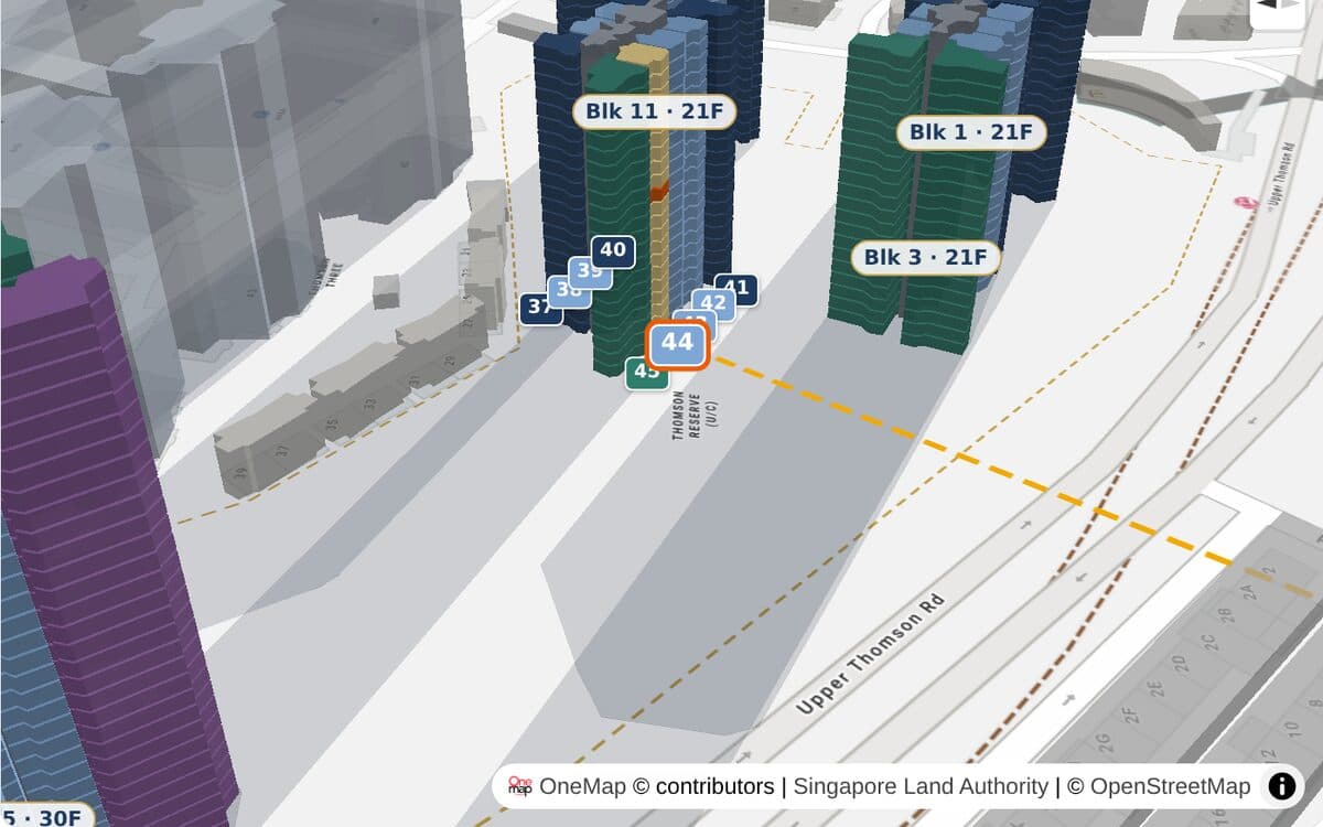 3D map of the towers casting long morning shadows across the neighbouring blocks