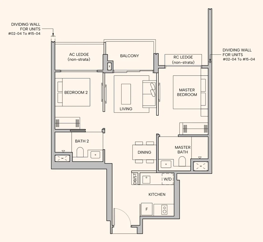 Floor plan of Hudson Place Residences type B1b, 2-Bedroom Premium, 646 sq ft
