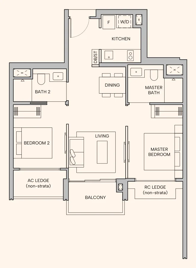 Floor plan of Hudson Place Residences type B1d, 2-Bedroom Premium, 646 sq ft