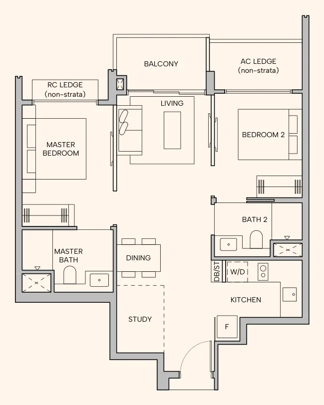 Floor plan of Hudson Place Residences type B2, 2-Bedroom Premium + Study, 689 sq ft