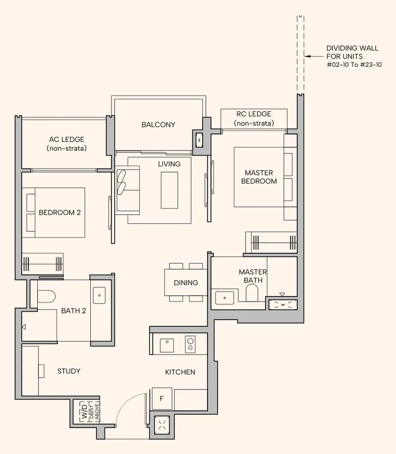 Floor plan of Hudson Place Residences type B3, 2-Bedroom Premium + Study, 689 sq ft