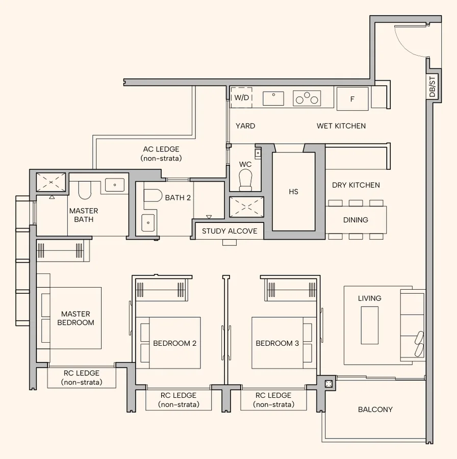 Floor plan of Hudson Place Residences type C2, 3-Bedroom Premium, 1,012 sq ft