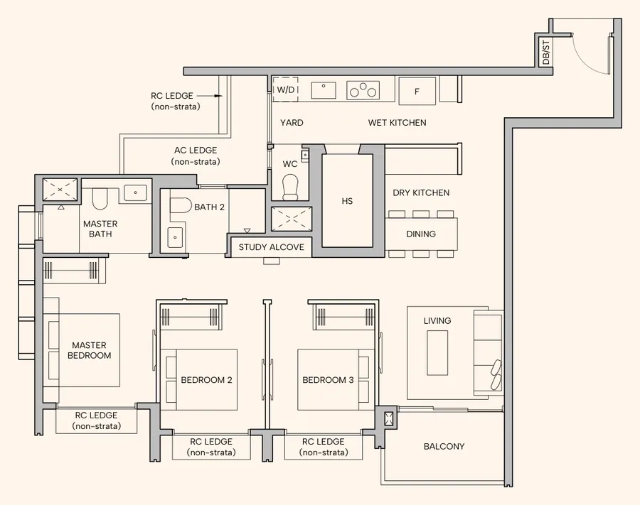 Floor plan of Hudson Place Residences type C3, 3-Bedroom Premium, 1,023 sq ft