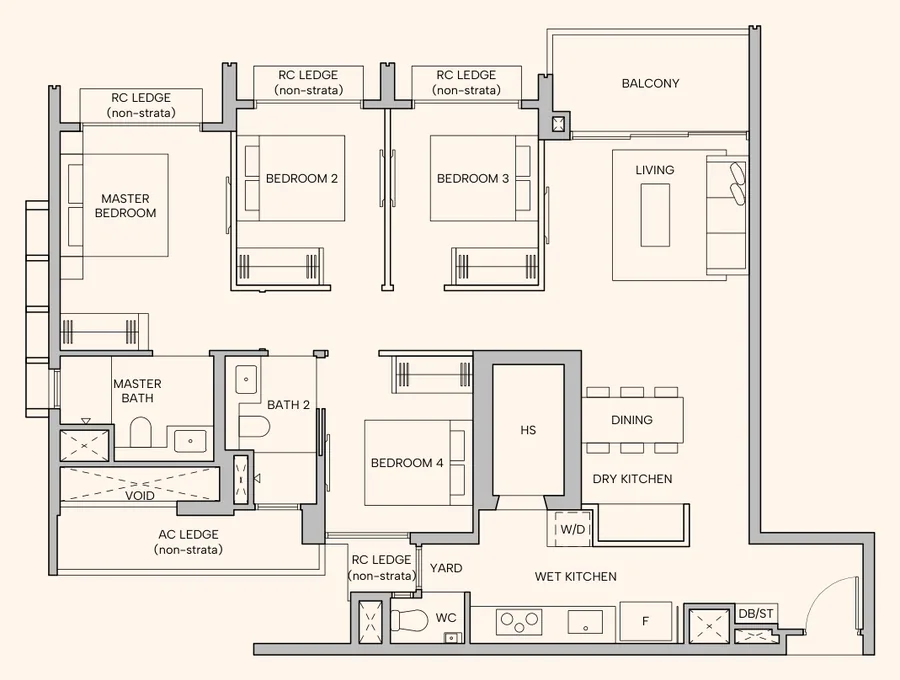 Floor plan of Hudson Place Residences type D1b, 4-Bedroom Premium, 1,152 sq ft