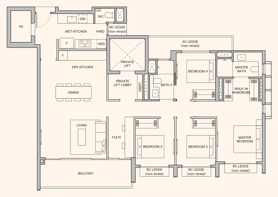 Floor plan of Hudson Place Residences type D2b, 4-Bedroom Suite + Flexi, 1,432 sq ft