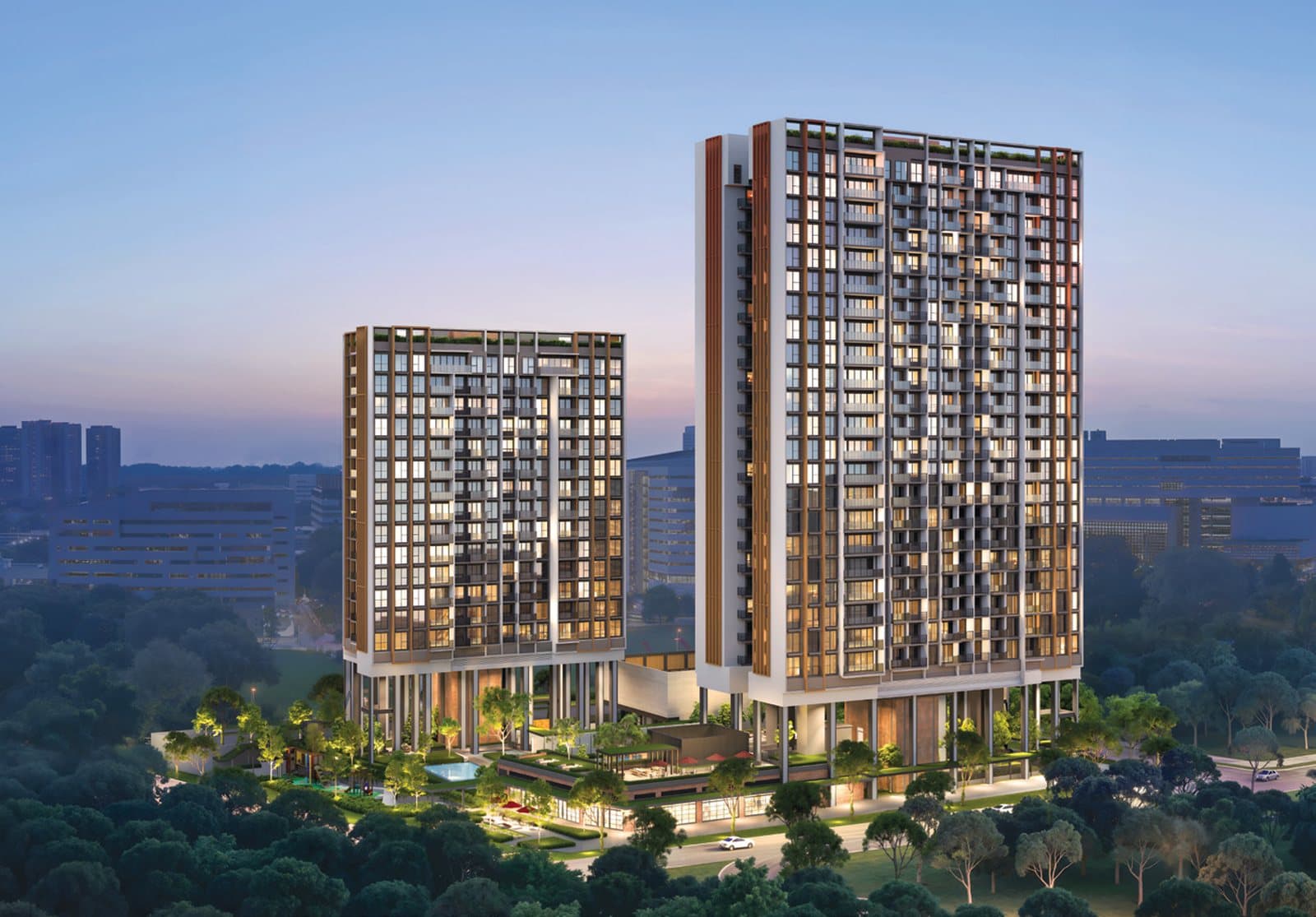 Artist's impression of the two towers of Hudson Place Residences at dusk, 15 and 23 storeys, above the trees of Wessex Estate