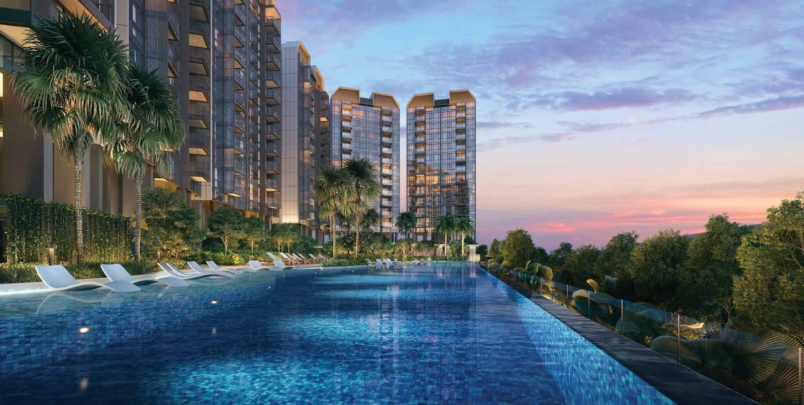 Artist's impression of Hyll on Holland: the lap pool at dusk with the 12-storey blocks behind the palms