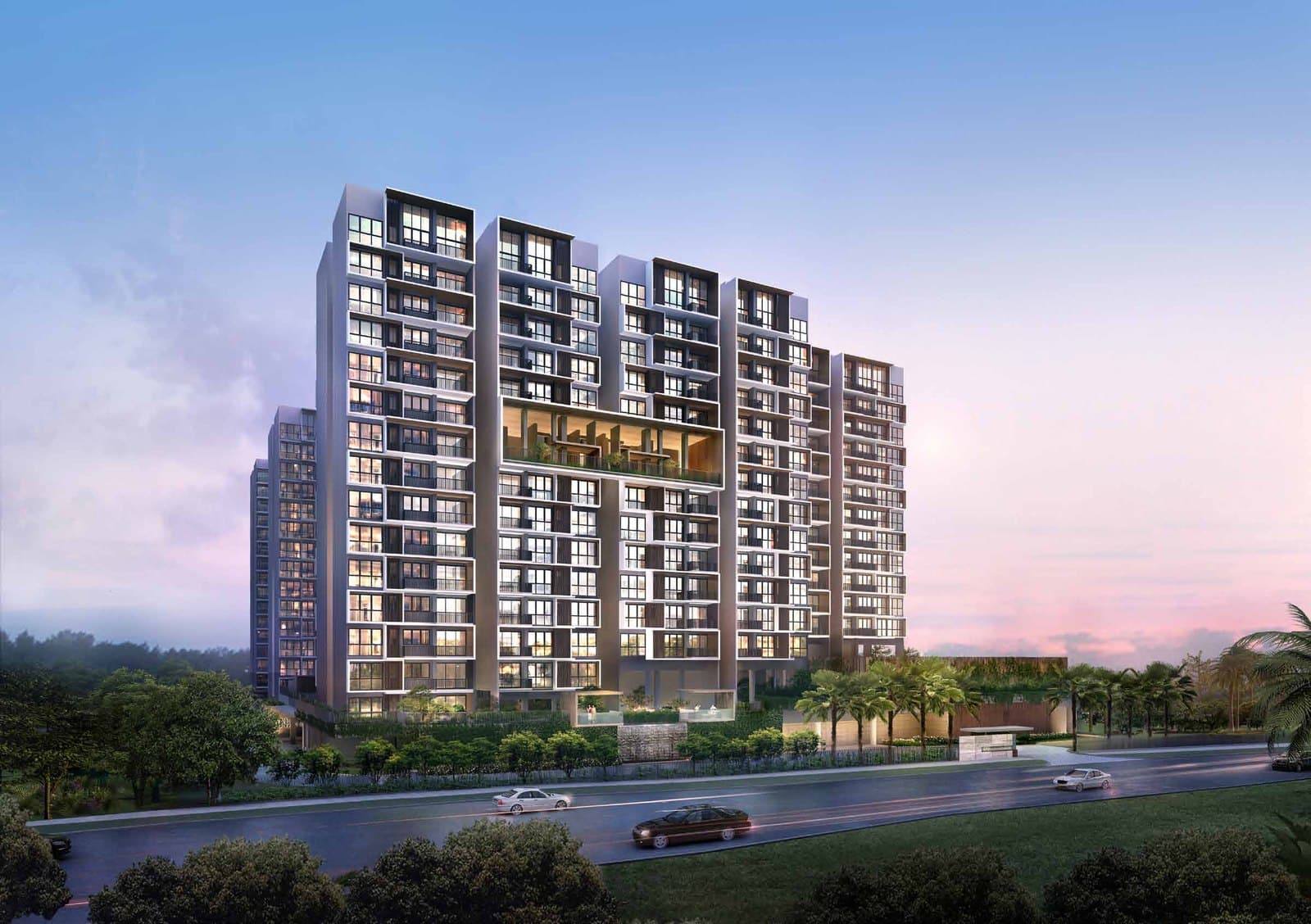 Artist's impression of Inz Residence at dusk from Choa Chu Kang Avenue 5: a row of 15-storey blocks with the timber-lined Sky Garden cut into the 9th storey, trees and the entrance pavilion along the road