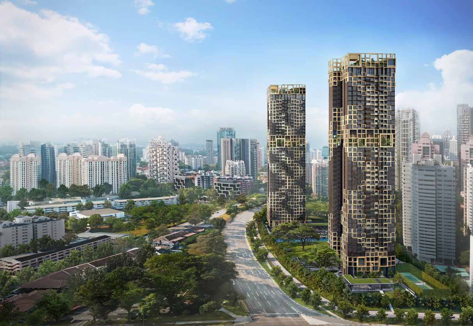 Artist's impression of Irwell Hill Residences from the air: two 36-storey towers wrapped in a gold grid of frames, standing in gardens beside Irwell Bank Road, with the city behind