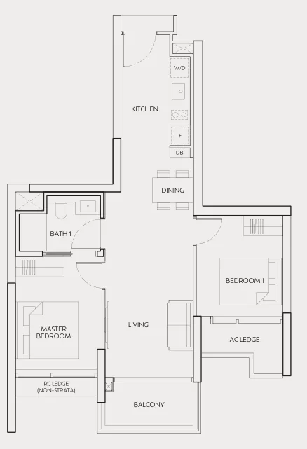 Floor plan of J'den type B2, 2-Bedroom, 721 sq ft
