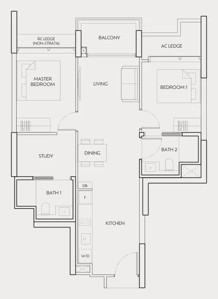 Floor plan of J'den type Bs1, 2-Bedroom + Study, 818 sq ft