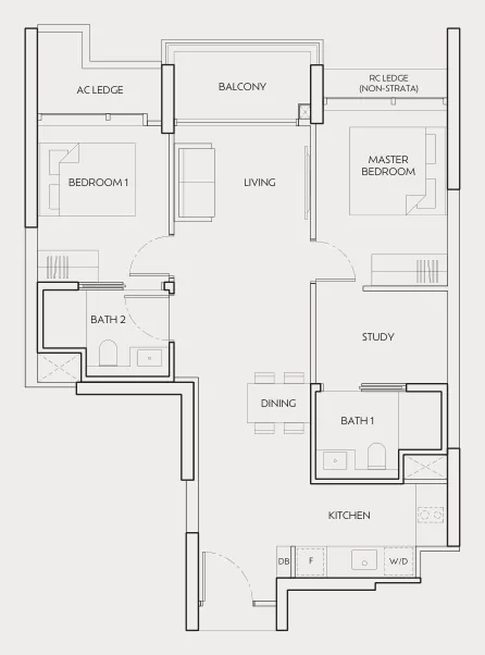 Floor plan of J'den type Bs2, 2-Bedroom + Study, 850 sq ft