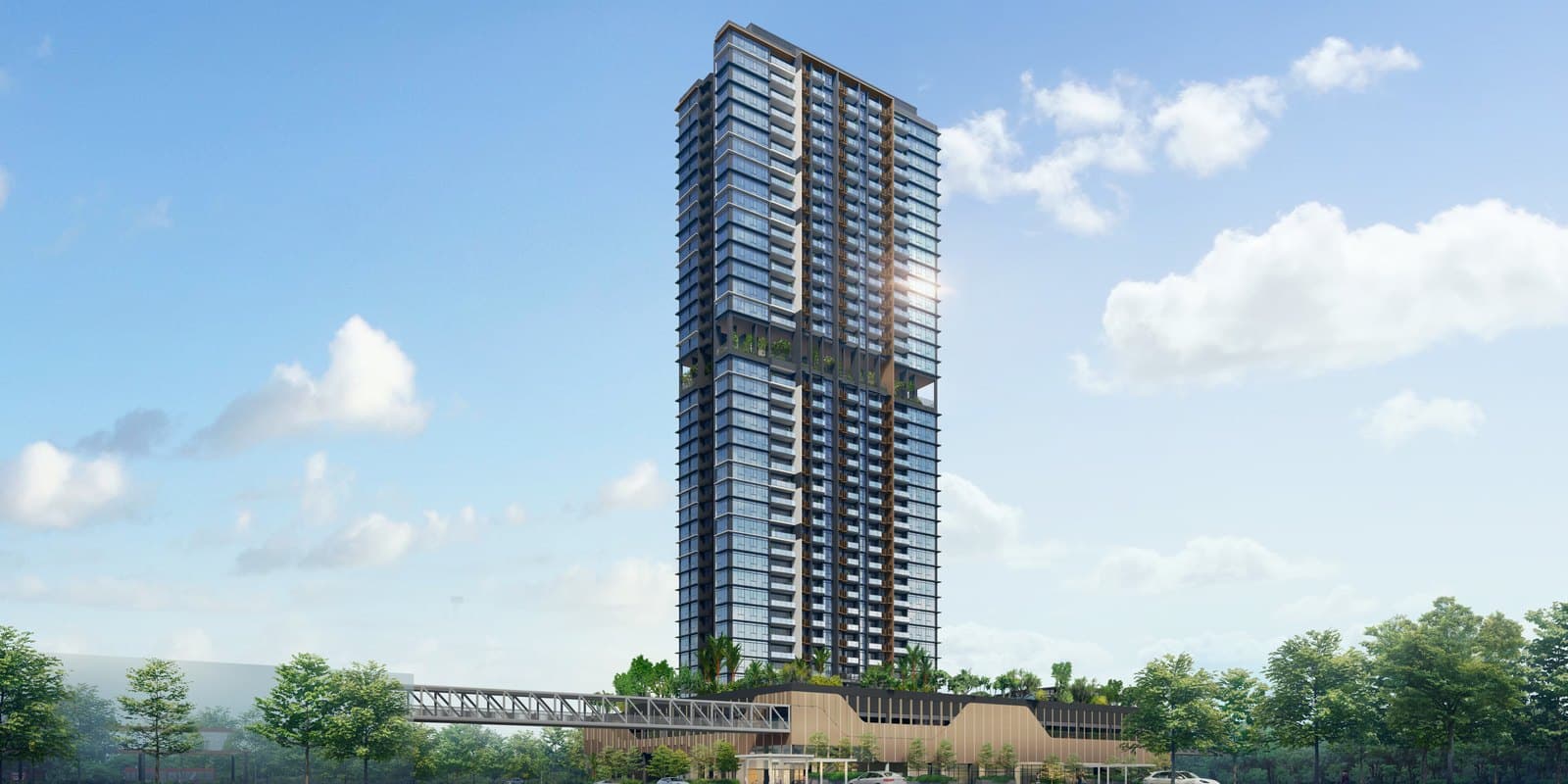 Artist's impression of J'den: one 40-storey tower with a sky terrace part-way up, above a two-storey podium of shops, with a covered footbridge leading to it