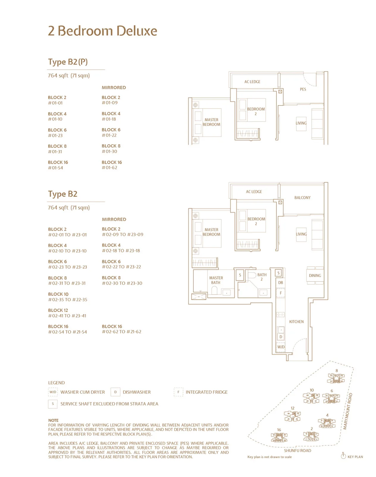 Floor plan of JadeScape type B2 / B2P, 2-Bedroom Deluxe, 764 sq ft