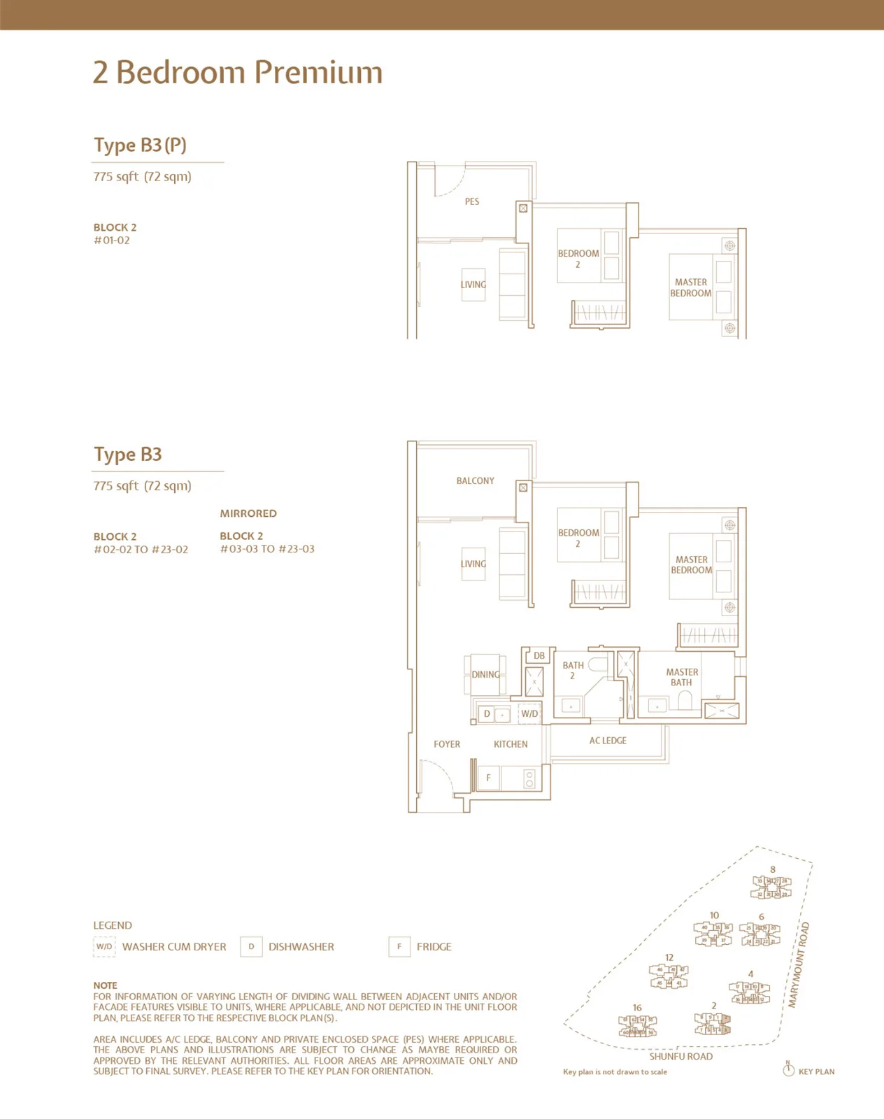 Floor plan of JadeScape type B3 / B3P, 2-Bedroom Premium, 775 sq ft
