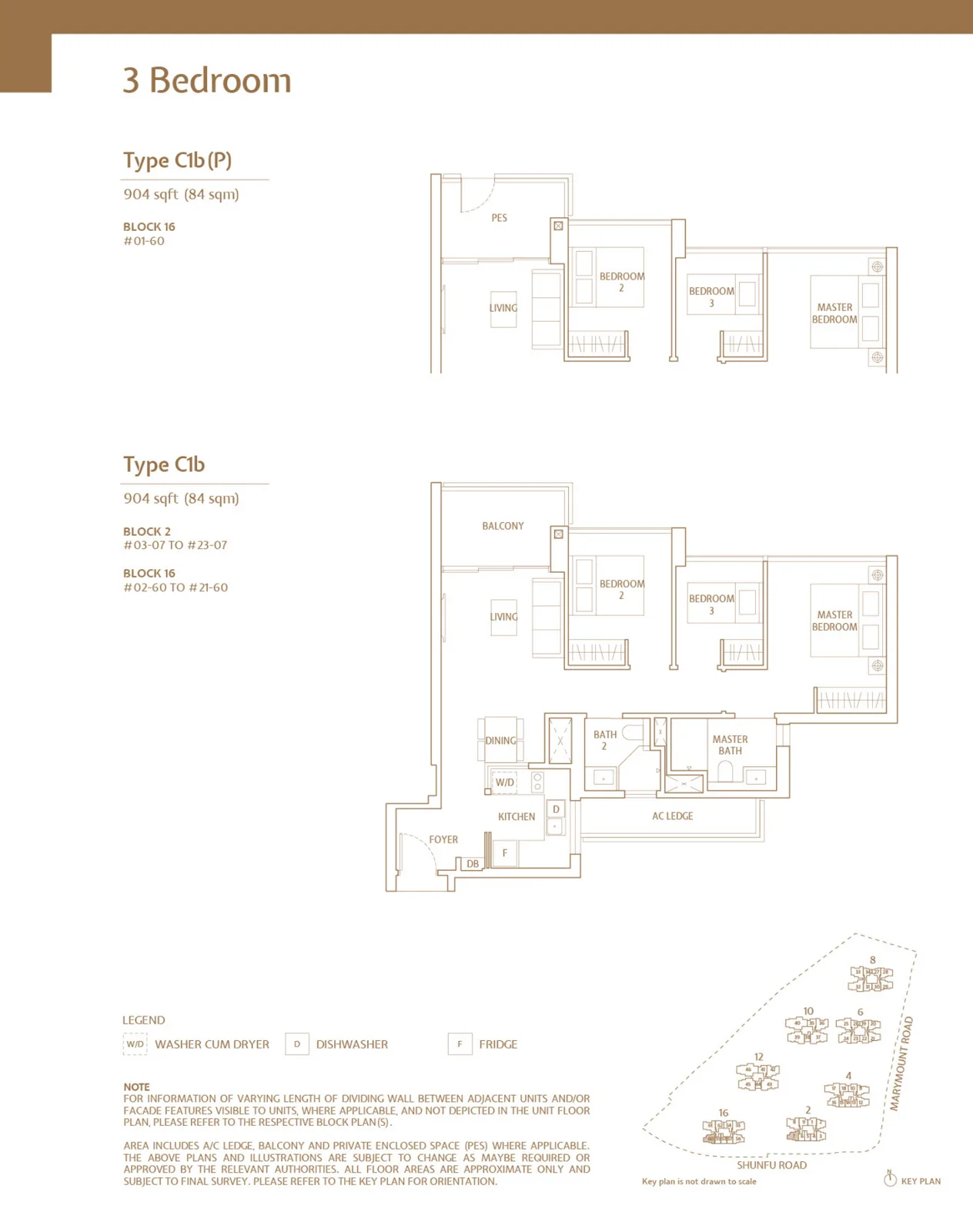 Floor plan of JadeScape type C1b / C1bP, 3-Bedroom, 904 sq ft