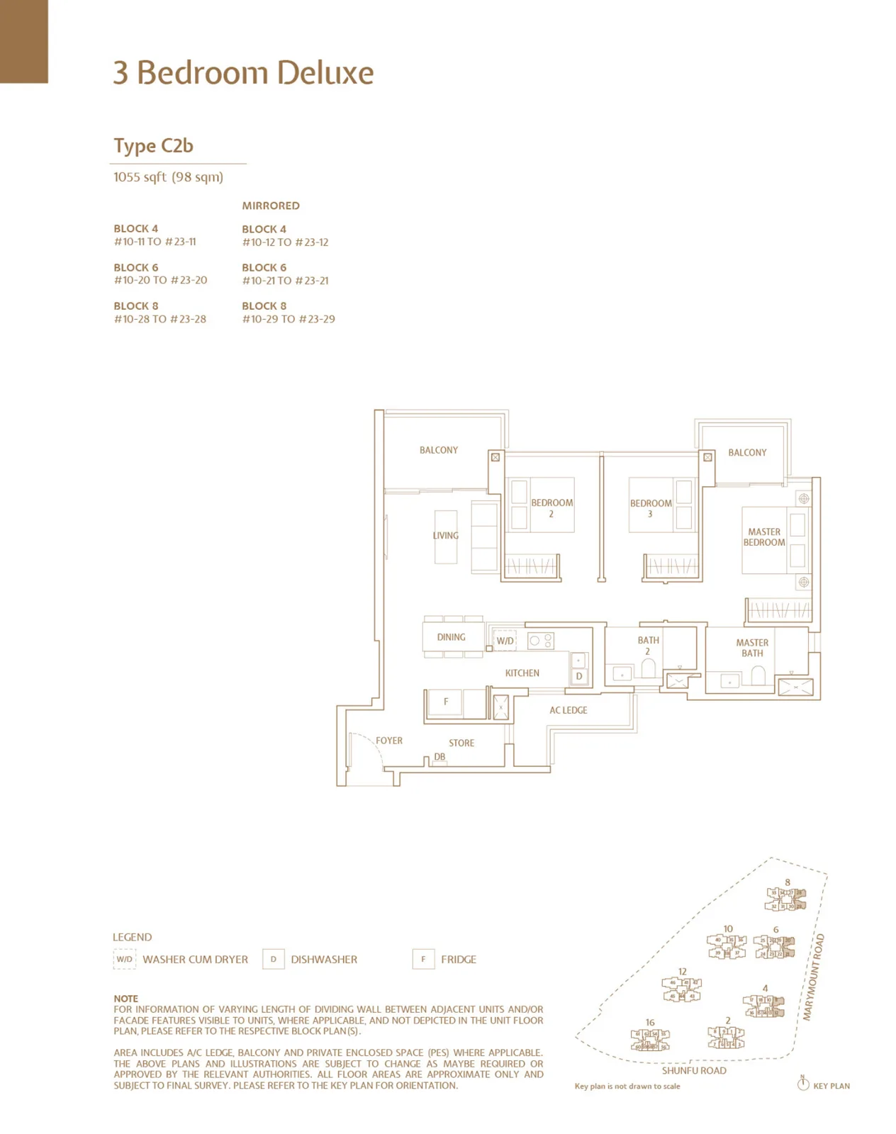 Floor plan of JadeScape type C2b, 3-Bedroom Deluxe, 1,055 sq ft
