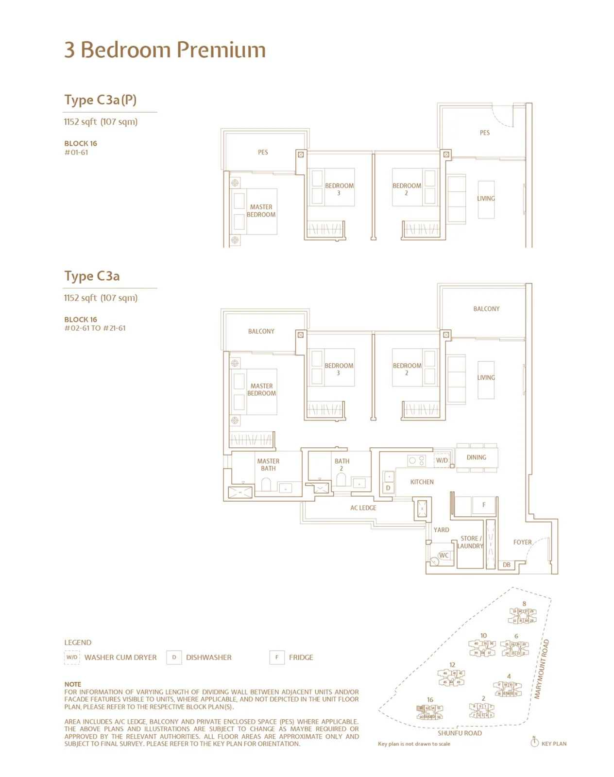 Floor plan of JadeScape type C3a / C3aP, 3-Bedroom Premium, 1,152 sq ft