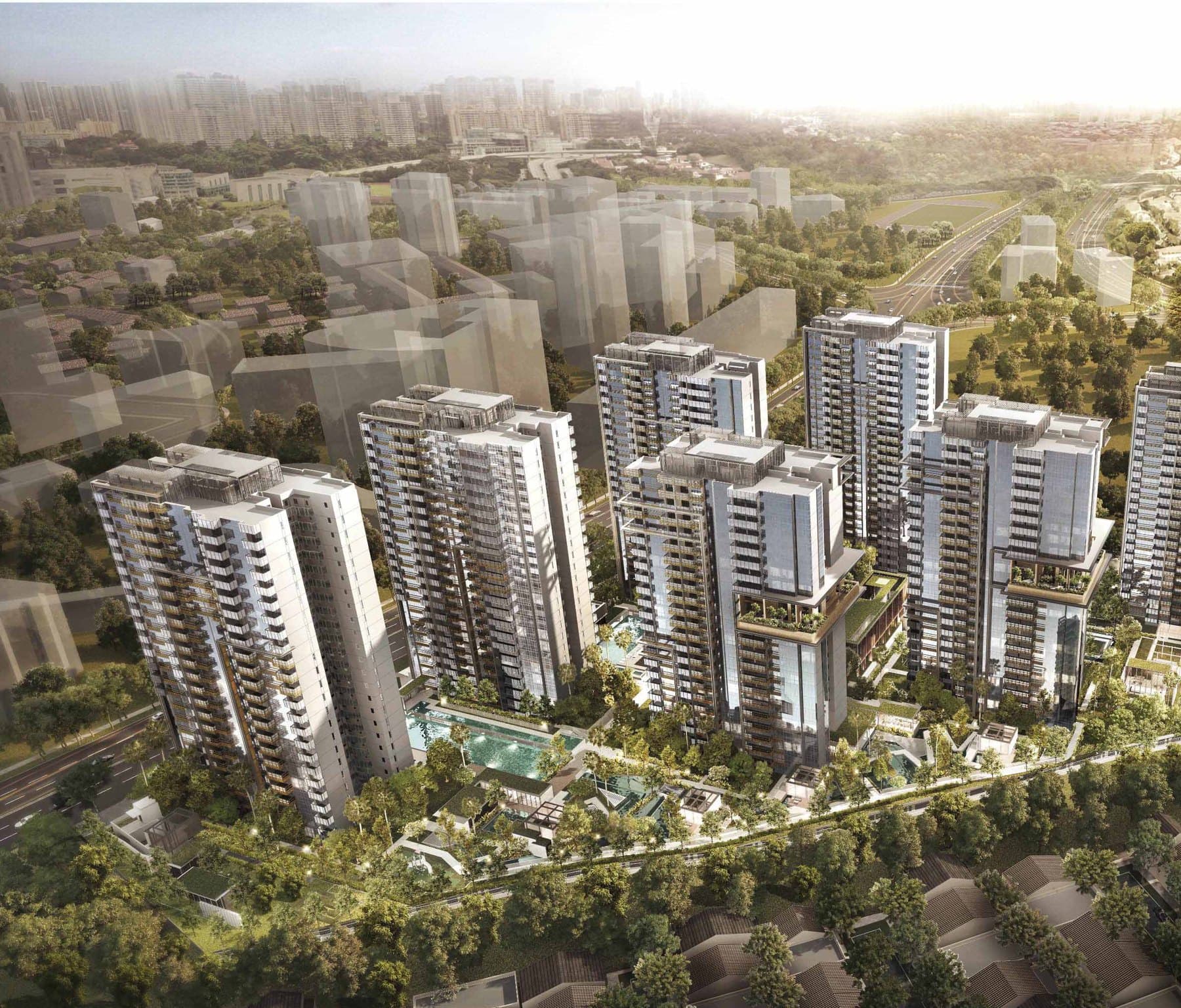 Jadescape, artist's impression: the seven towers from above, Shunfu Road in front