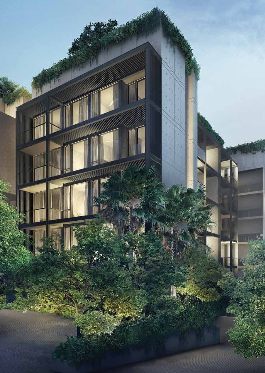 Jervois Prive: the five-storey block with its glass balconies and roof garden, lit at dusk among the trees