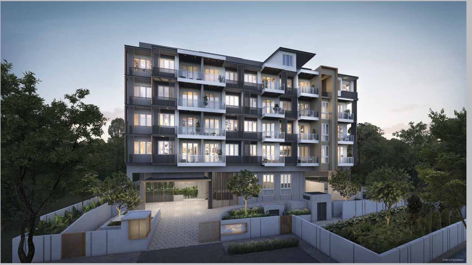 Jervois Treasures: the five-storey block with its balconies and louvred screens above the entrance driveway, at dusk