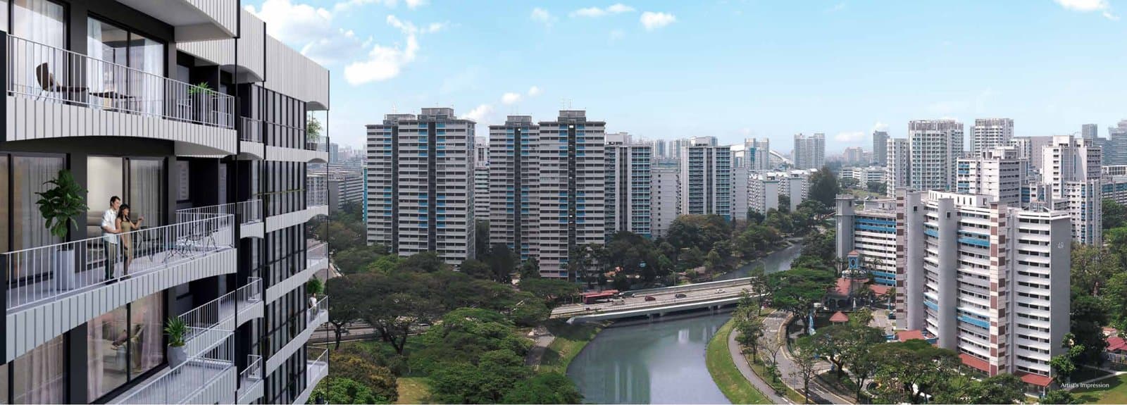 Jui Residences: the view from a balcony over the Kallang River towards Bendemeer and Serangoon