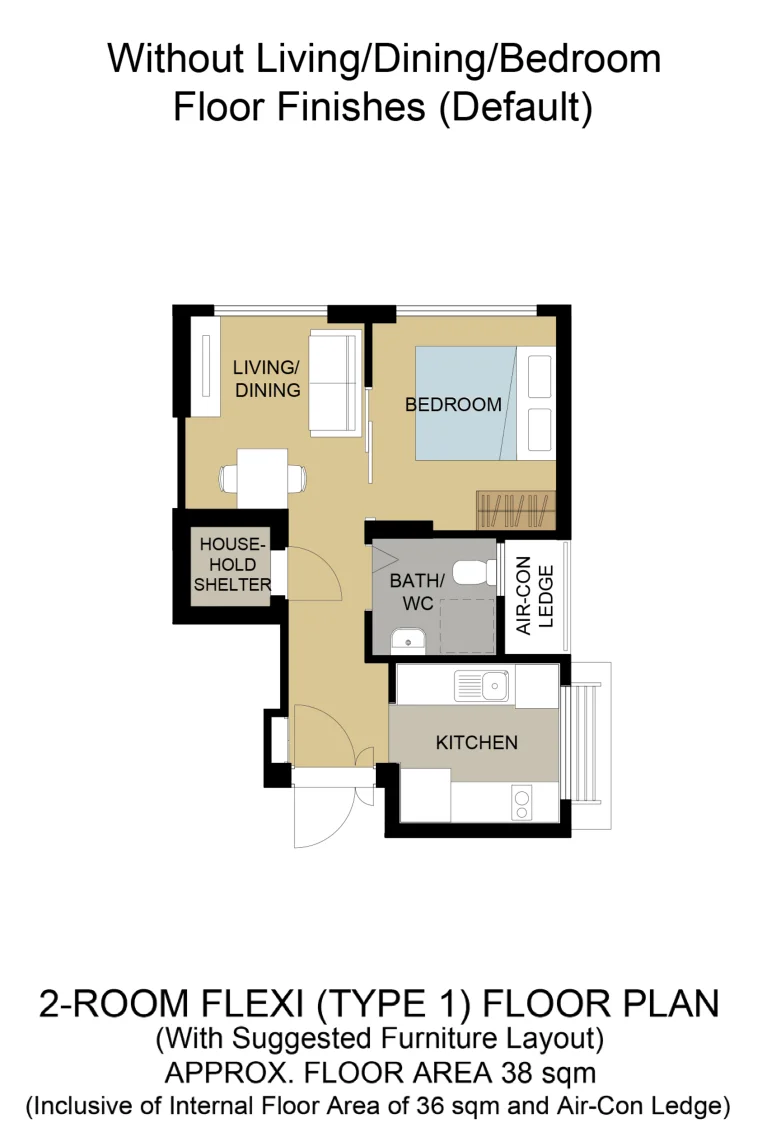 HDB floor plan of a 2-room Flexi (Type 1) flat at Jurong West Jewel, about 38 sqm