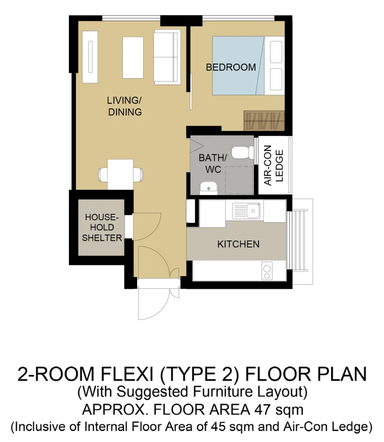 HDB floor plan of a 2-room Flexi (Type 2) flat at Jurong West Jewel, about 47 sqm