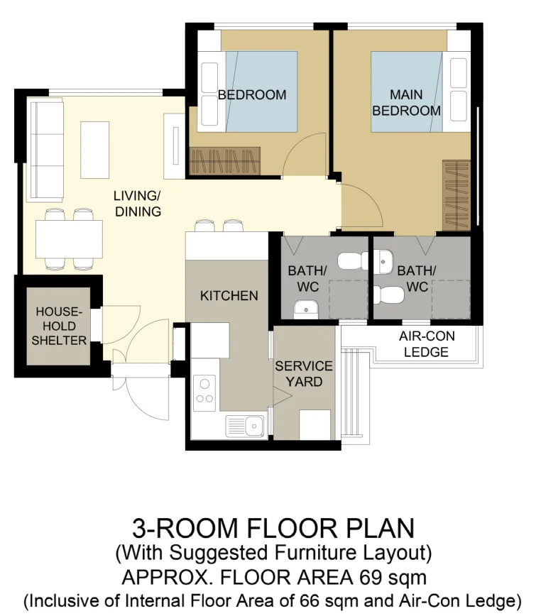 HDB floor plan of a 3-room flat at Jurong West Jewel, about 69 sqm