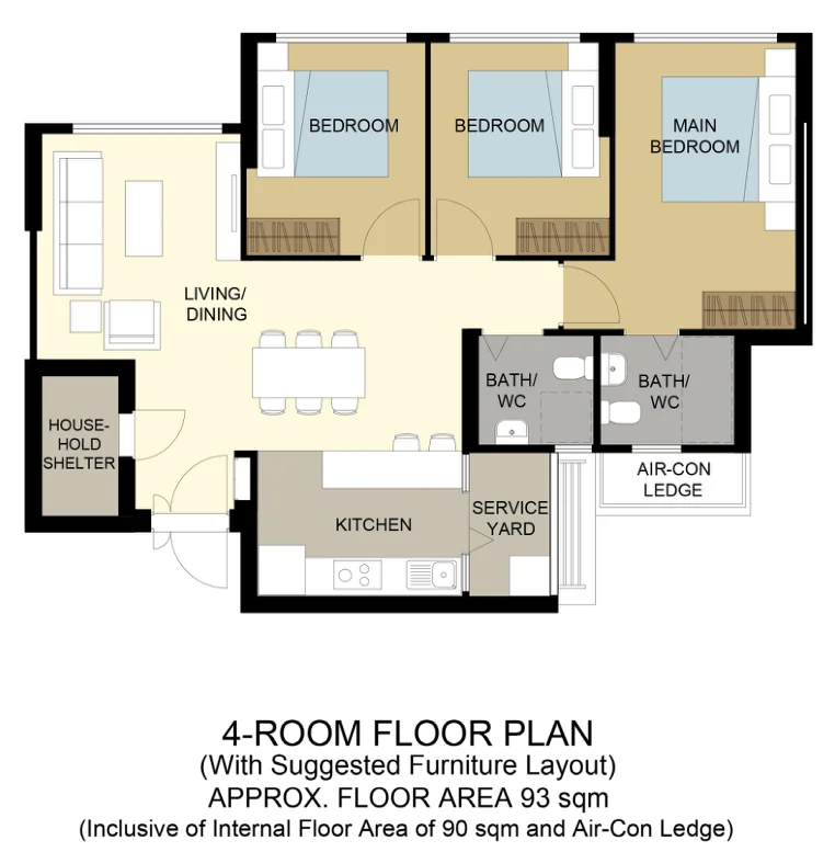 HDB floor plan of a 4-room flat at Jurong West Jewel, about 93 sqm