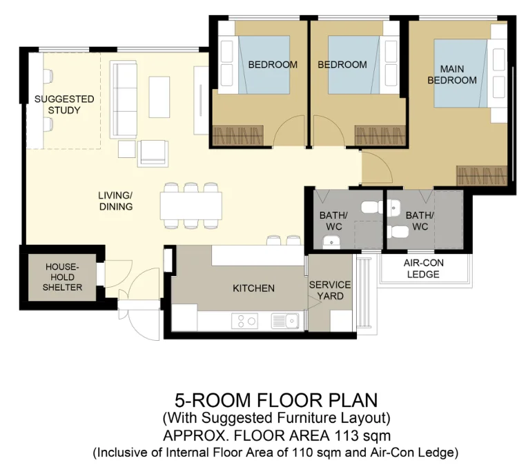 HDB floor plan of a 5-room flat at Jurong West Jewel, about 113 sqm