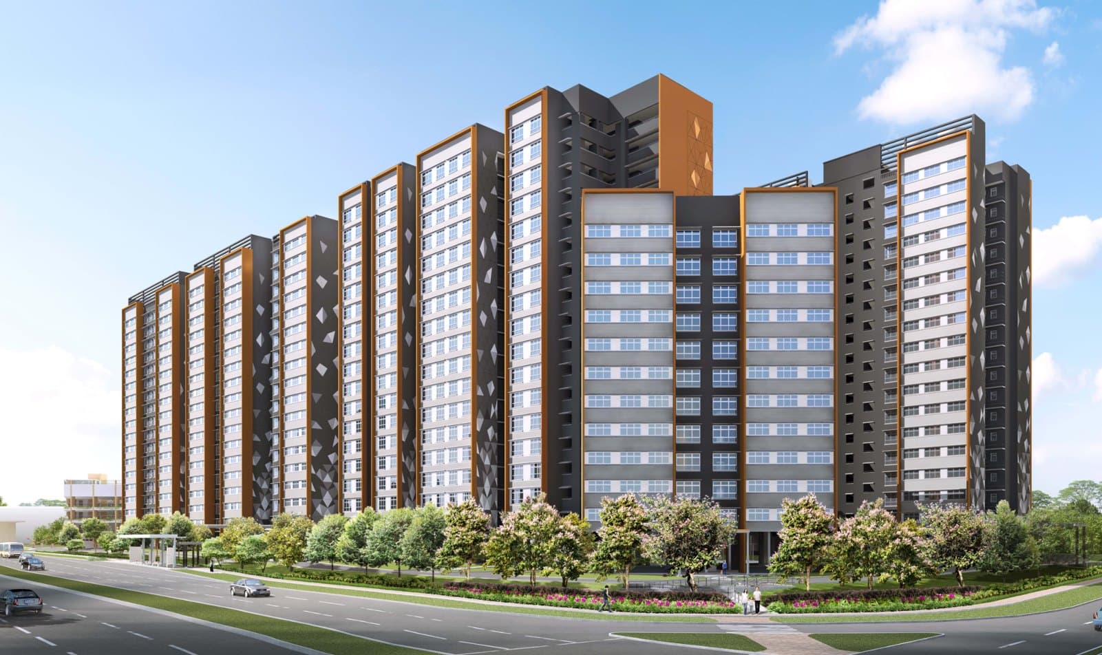 Artist’s impression of Jurong West Jewel: 18-storey white HDB blocks with grey and terracotta jewel-cut facade panels, seen from Upper Jurong Road