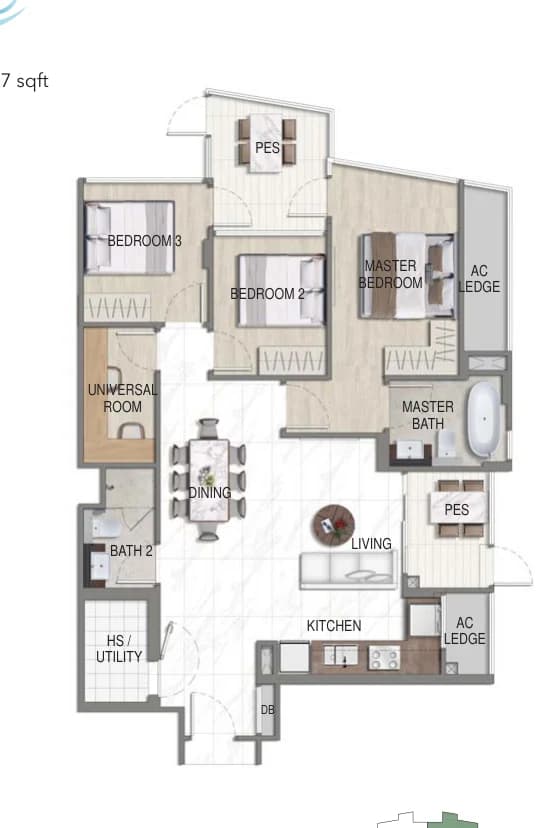 Floor plan of K Suites type A-G, 3-Bedroom + Universal Room, 1,087 sq ft