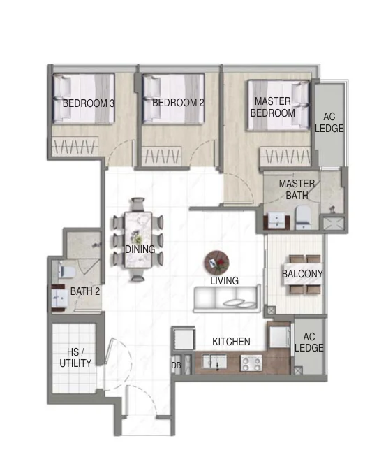 Floor plan of K Suites type A, 3-Bedroom, 872 sq ft