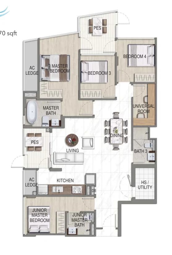 Floor plan of K Suites type B-G, 4-Bedroom + Universal Room, 1,270 sq ft
