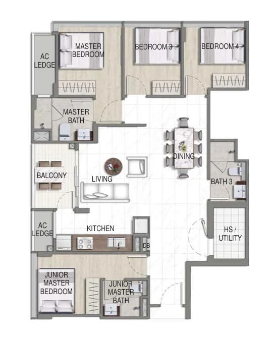 Floor plan of K Suites type B, 4-Bedroom, 1,076 sq ft