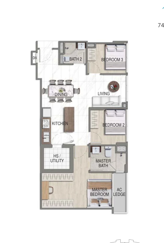 Floor plan of K Suites type C-G, 3-Bedroom, 797 sq ft