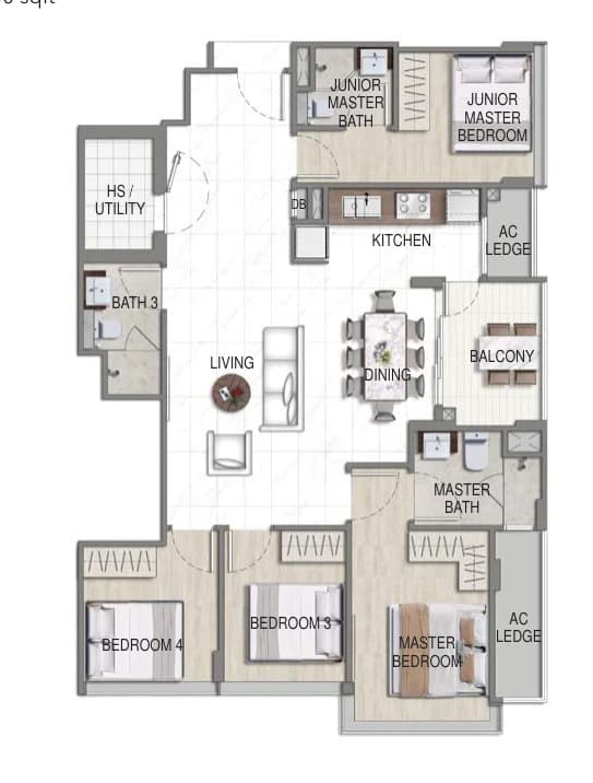 Floor plan of K Suites type C, 4-Bedroom, 1,130 sq ft