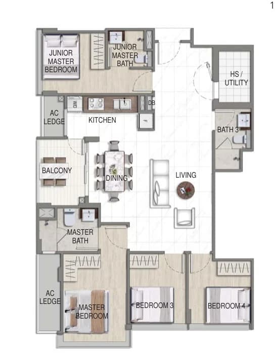 Floor plan of K Suites type D, 4-Bedroom, 1,130 sq ft