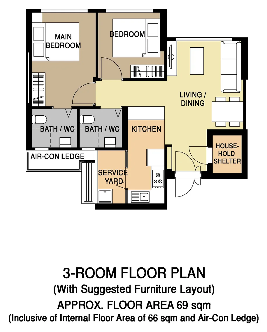 HDB floor plan of a 3-Room flat at Kallang Breeze, about 69 sqm
