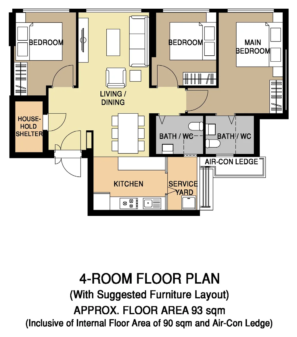 HDB floor plan of a 4-Room flat at Kallang Breeze, about 93 sqm
