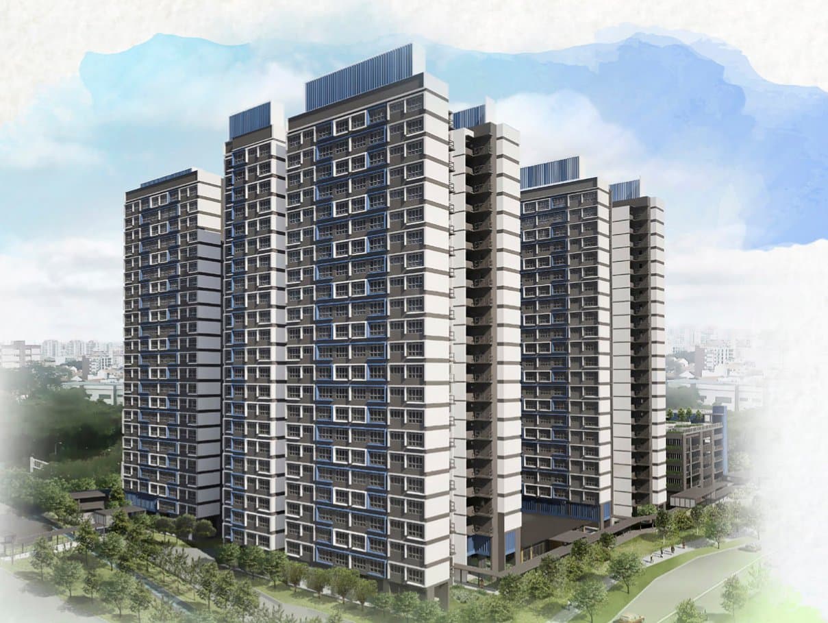 Artist's impression of Kallang Breeze: two white 23-storey HDB blocks among trees
