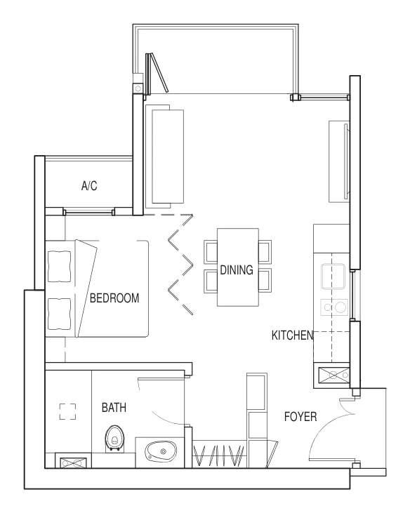 Floor plan of Kallang Riverside type 1A, 1-Bedroom, 517 sq ft