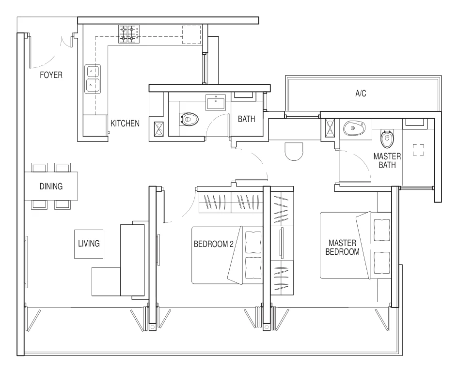Floor plan of Kallang Riverside type 2A-1, 2-Bedroom, 1,001 sq ft