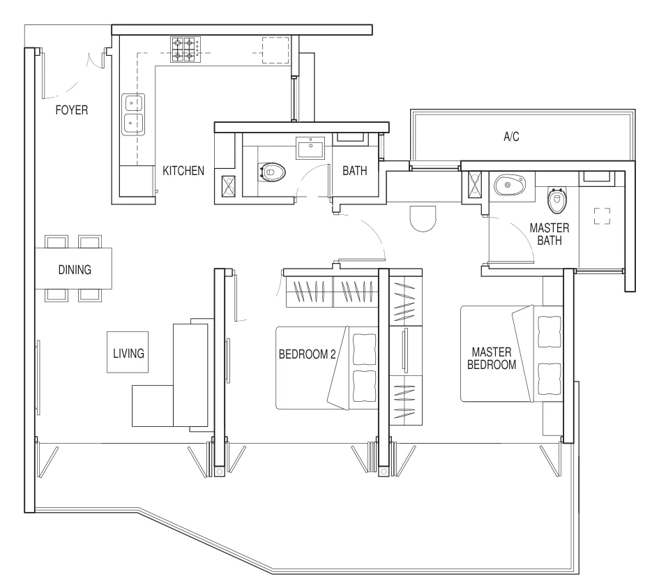 Floor plan of Kallang Riverside type 2A-2, 2-Bedroom, 1,087 sq ft